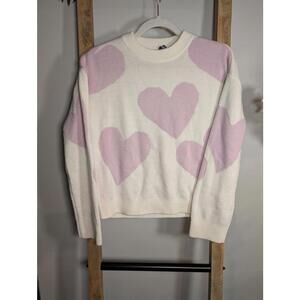 H&M Divided Women's Cream Sweater with Pink Heart Pattern XS
